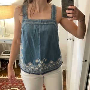 Anthropologie - Denim Embroidered Top